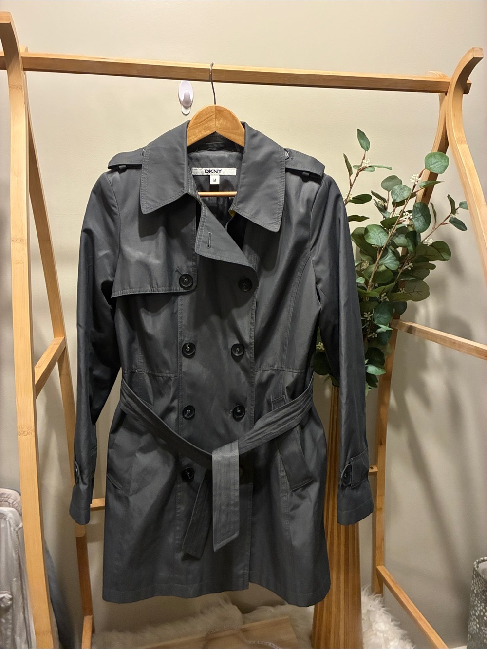 DKNY Charcoal Gray Double-Breasted Trench Coat